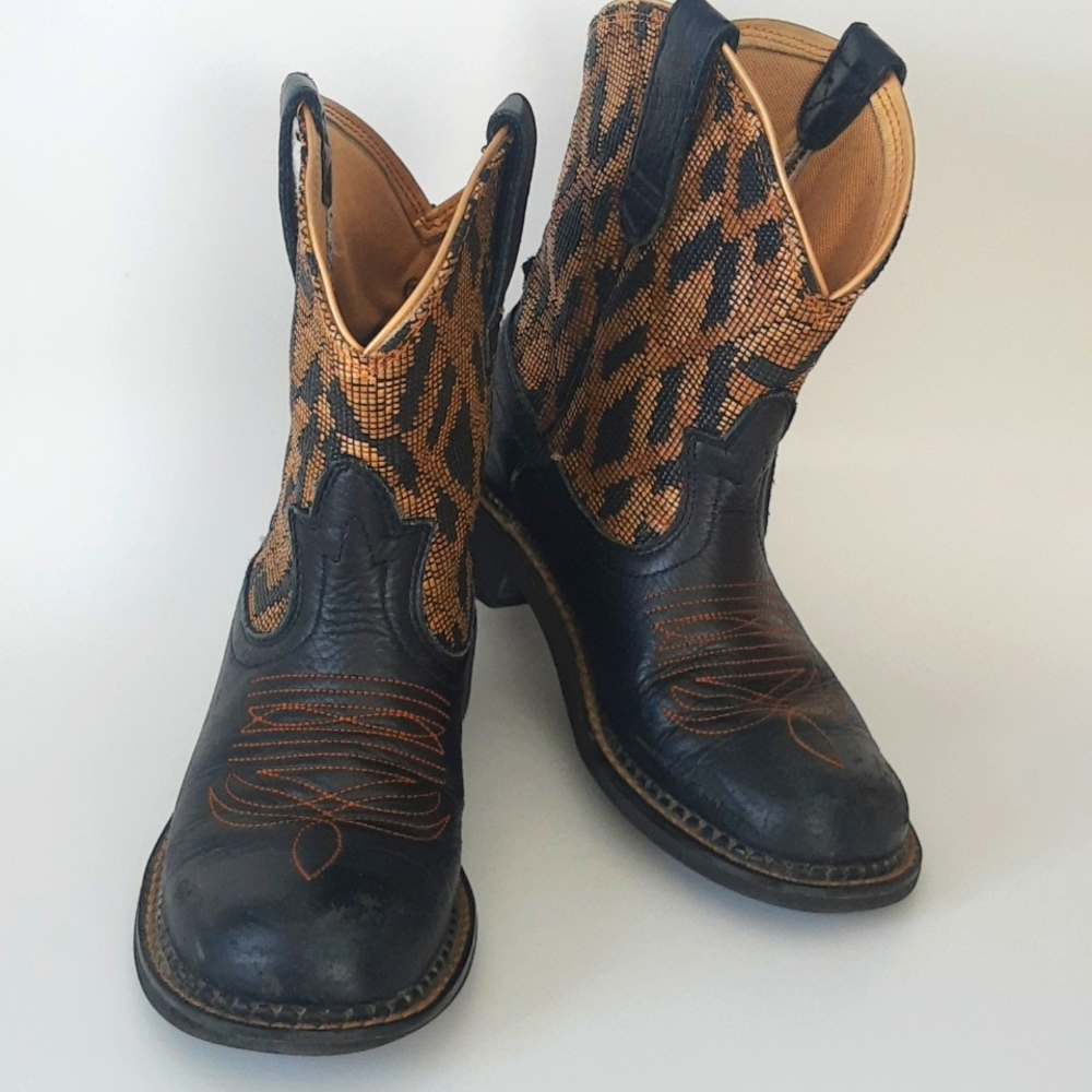 Ariat Black and Tan Leopard Print Heeled Cowboy Boots